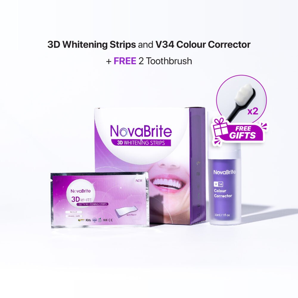 [BUNDLE] NovaBrite 3D Whitening Strips V34 Colour Corrector + (FREE 2 Soft-Bristle Toothbrushes)